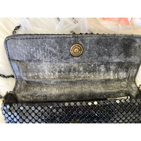 Vintage 60s‎ Black Purse Metallic Mesh Crossbody Evening Bag Metal Strap 7" X 5" - Picture 6 of 12